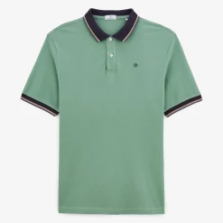 Polos|L'audacieux>SERGE BLANCO Almond green Laos pique short-sleeved polo shirt DARK NAVY
