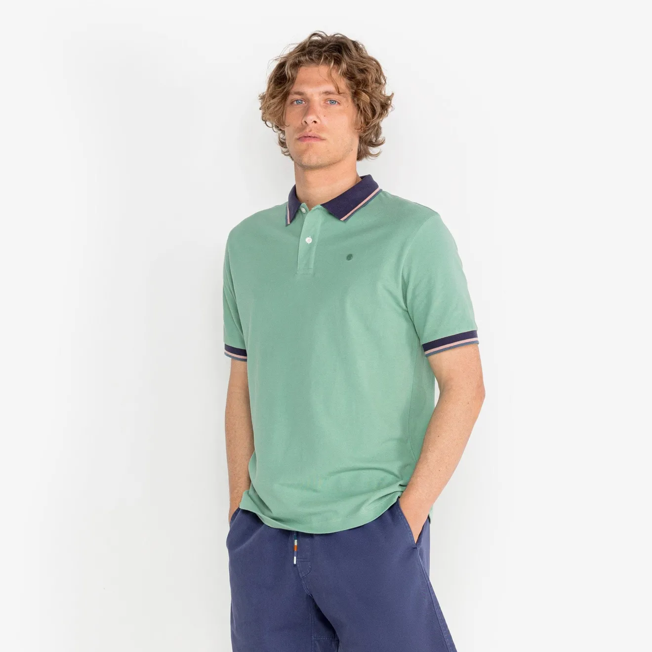Polos|L'audacieux>SERGE BLANCO Almond green Laos pique short-sleeved polo shirt DARK NAVY