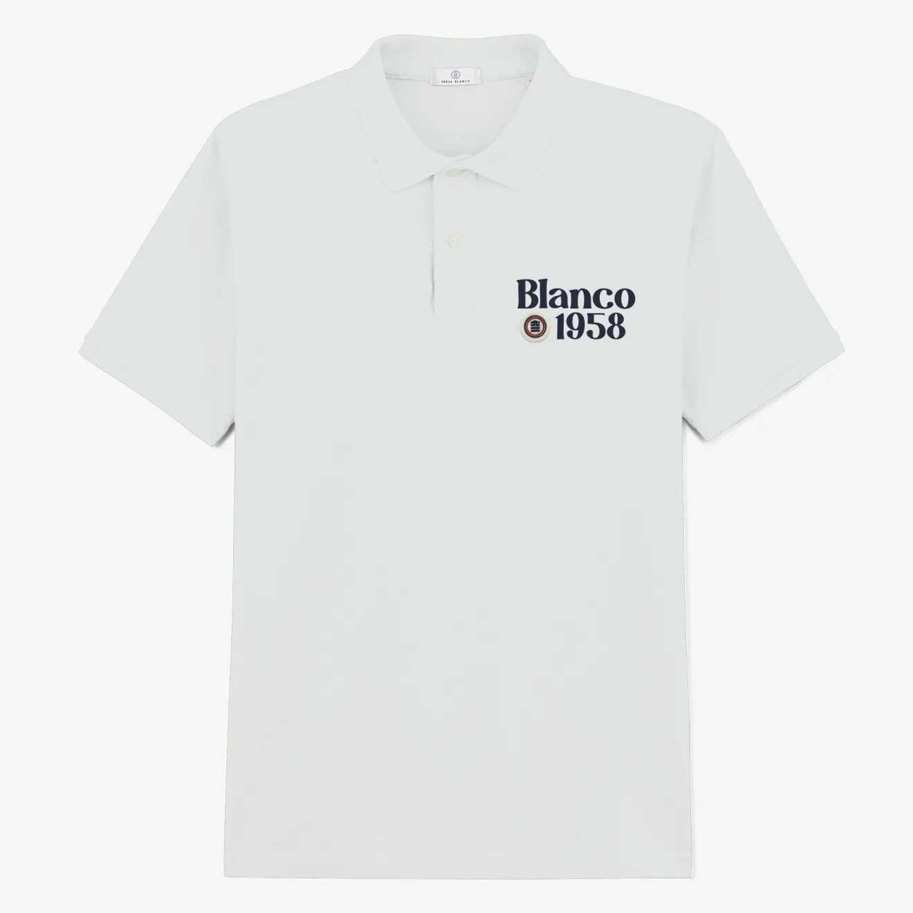 Polos>SERGE BLANCO Blanco 1958 short-sleeved cotton pique polo shirt in lily white MARINE