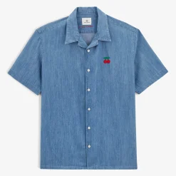Crazy Logo|Ligne Play>SERGE BLANCO Caracas shirt with denim blue cherry embroidery NUAGE