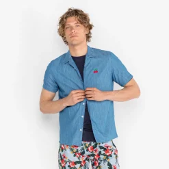 Crazy Logo|Ligne Play>SERGE BLANCO Caracas shirt with denim blue cherry embroidery NUAGE