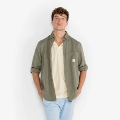 Ligne Play|Chemises>SERGE BLANCO Carl Oxford shirt in teak green linen CIEL
