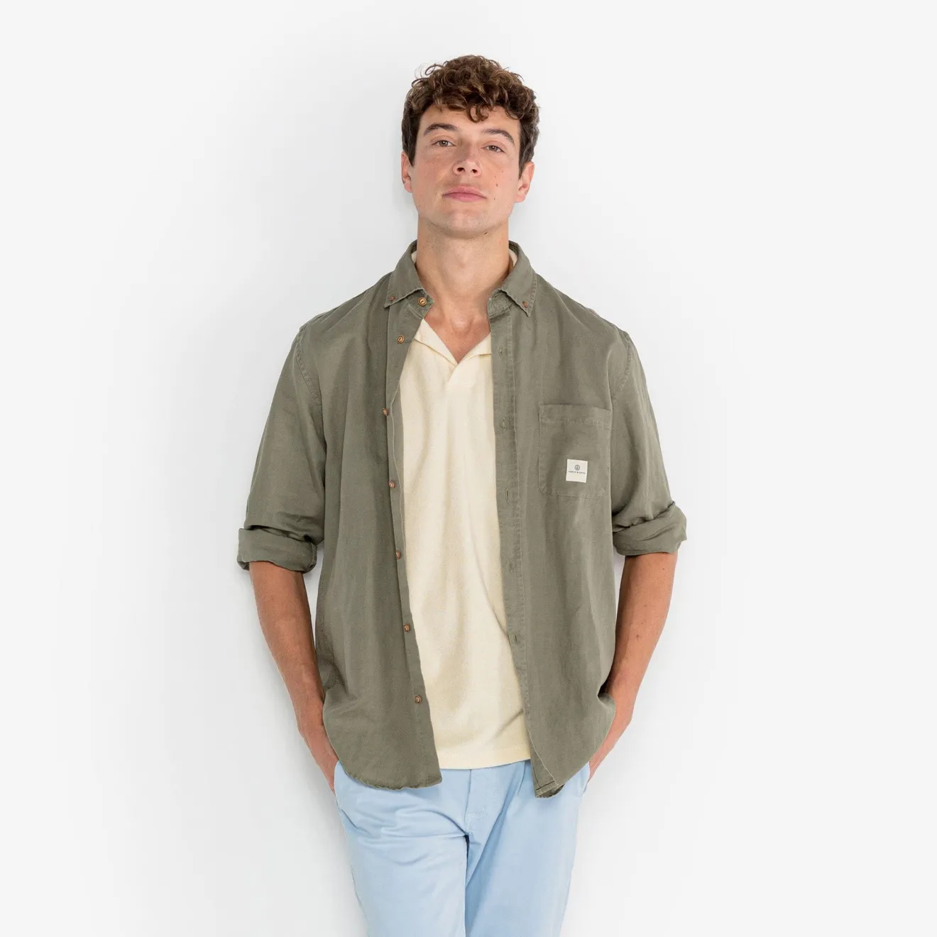 Ligne Play|Chemises>SERGE BLANCO Carl Oxford shirt in teak green linen CIEL