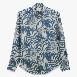 Chemises>SERGE BLANCO Charles shirt in denim blue leaf patterned linen NOIR