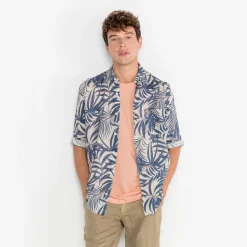 Chemises>SERGE BLANCO Charles shirt in denim blue leaf patterned linen NOIR
