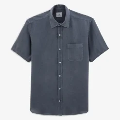 Chemises|L'élégant>SERGE BLANCO Charles short-sleeved shirt in denim blue linen NUAGE