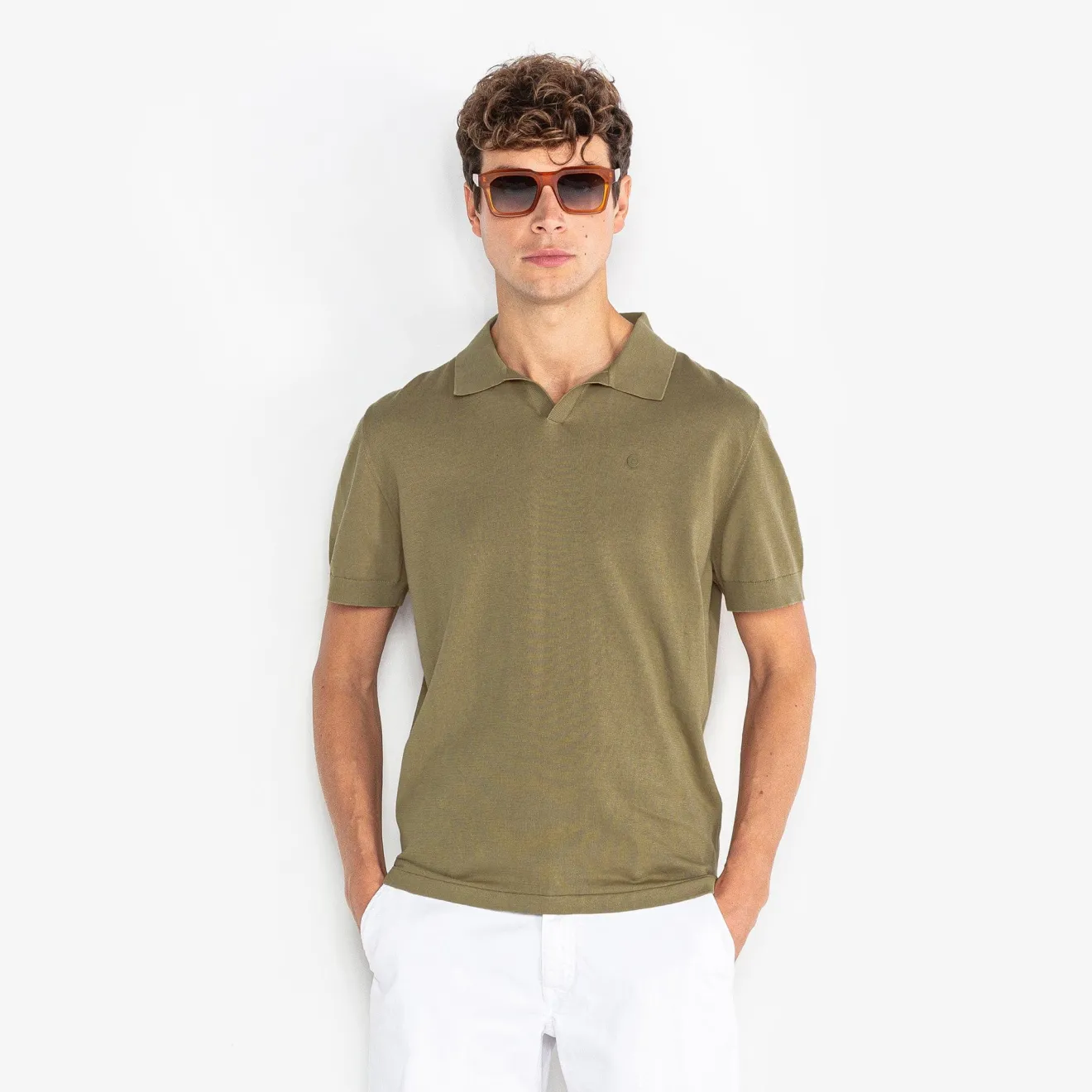 Pulls|L'élégant>SERGE BLANCO Marvin teak green polo collar sweater DARK NAVY