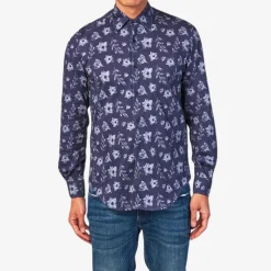 Chemises>SERGE BLANCO Navy blue long sleeve patterned shirt CAMEL