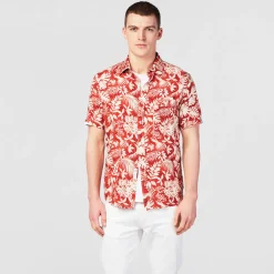 Chemises>SERGE BLANCO Orange Hawaiian print short sleeve shirt AZUR