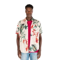 Chemises>SERGE BLANCO Regular ecru short-sleeved shirt with hibiscus print ROSE