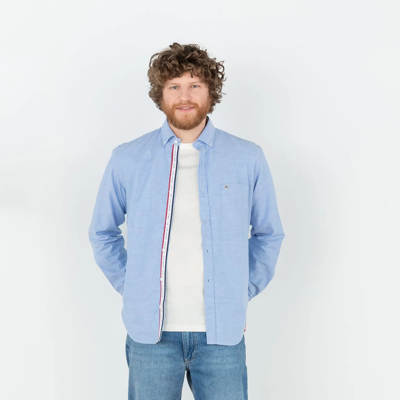 Chemises>SERGE BLANCO Regular Oxford sky shirt with braid CORAIL