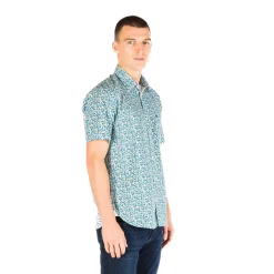 Chemises>SERGE BLANCO Regular short-sleeved shirt in azure with floral print dark navy