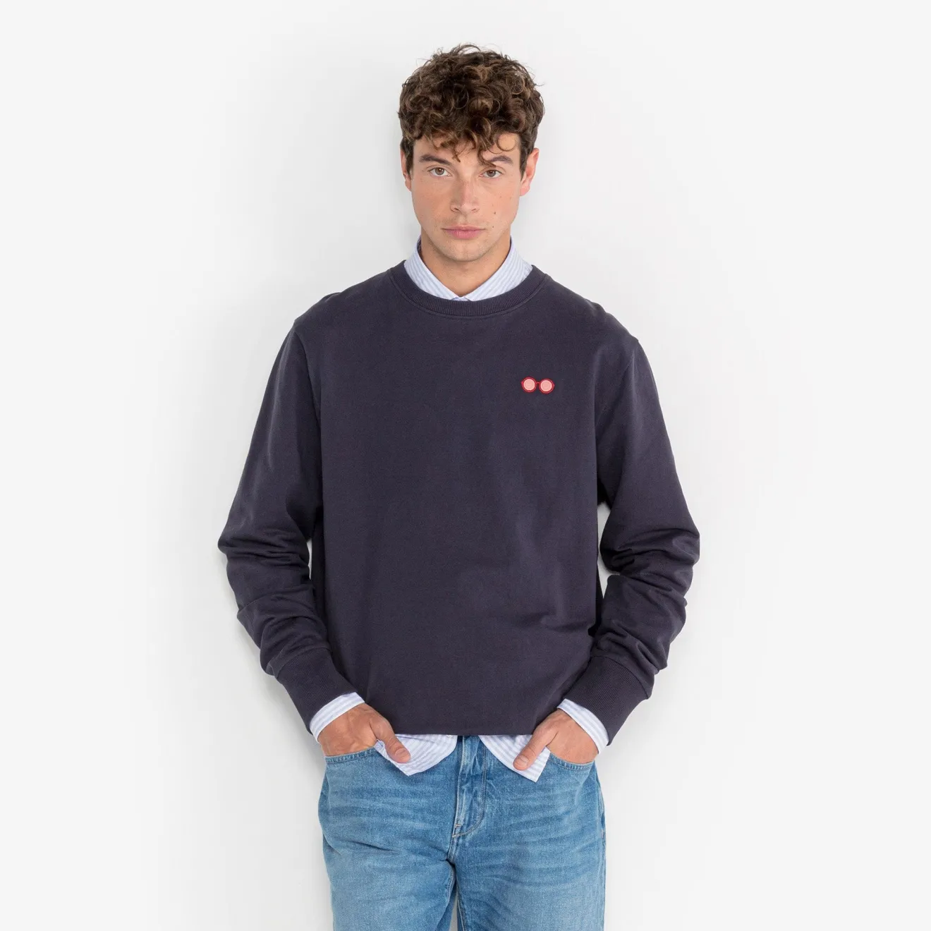 Crazy Logo|Sweats>SERGE BLANCO Samson sweatshirt with dark navy glasses embroidery NOIR