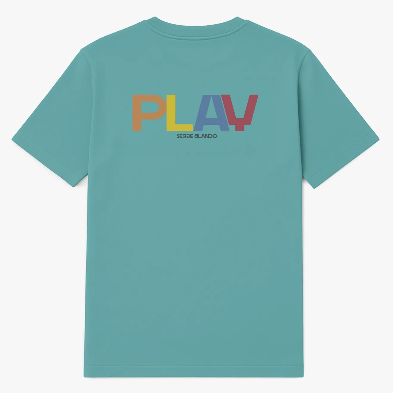 T-shirts>SERGE BLANCO Short-sleeved cotton T-shirt with PLAY print on the back in ice blue GLACIER
