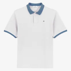 Polos>SERGE BLANCO Short-sleeved pique polo shirt in lily cotton with blue collar dark navy