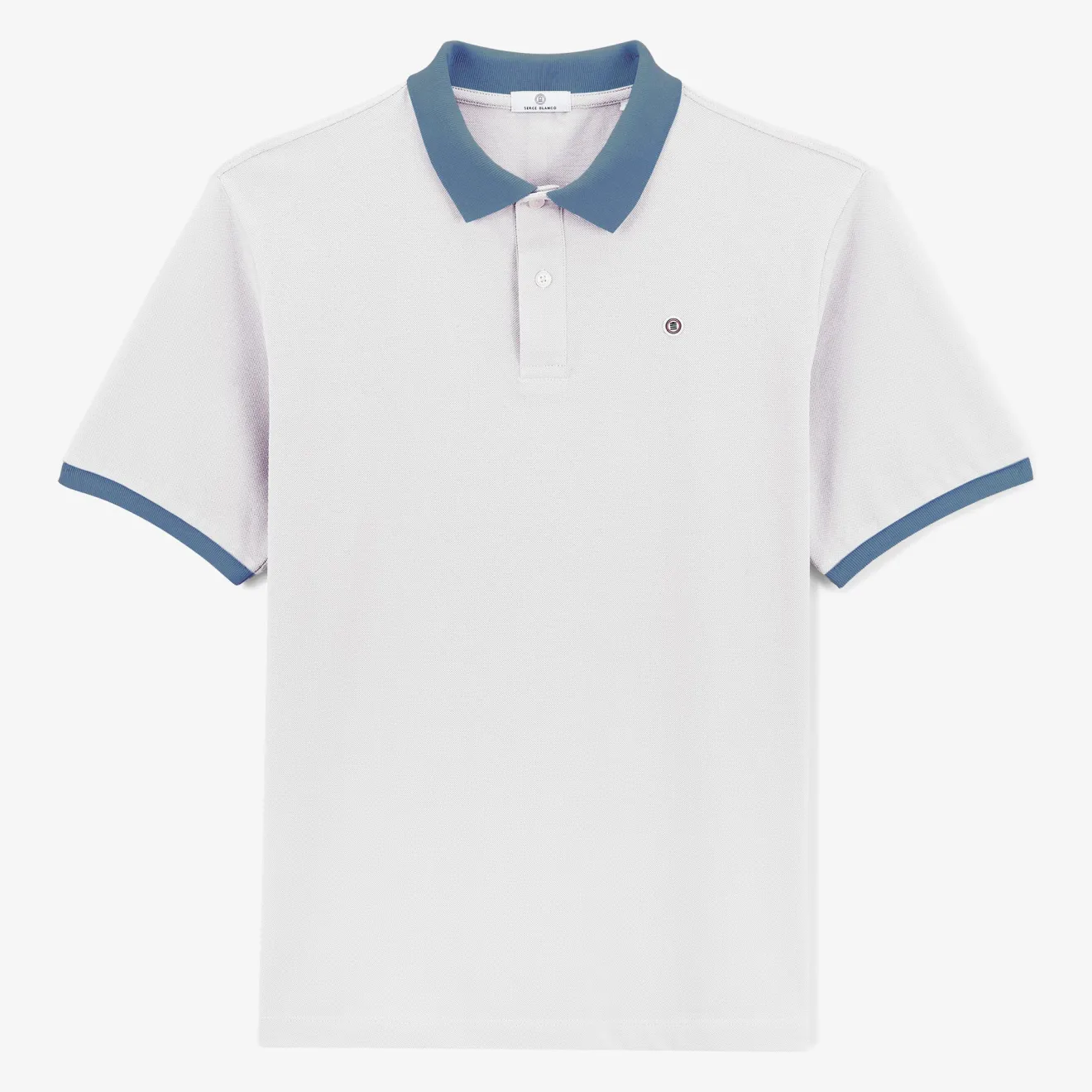 Polos>SERGE BLANCO Short-sleeved pique polo shirt in lily cotton with blue collar dark navy