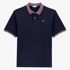 Polos>SERGE BLANCO Short-sleeved pique polo shirt in navy blue cotton with purple collar ARMY