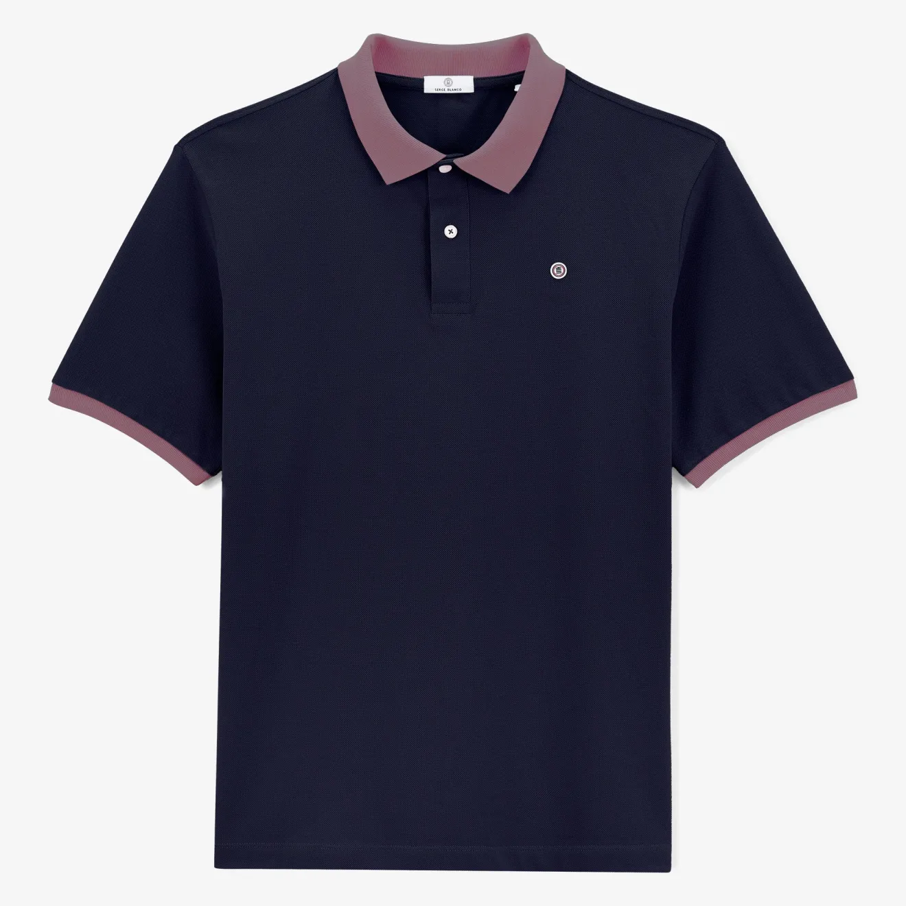 Polos>SERGE BLANCO Short-sleeved pique polo shirt in navy blue cotton with purple collar ARMY