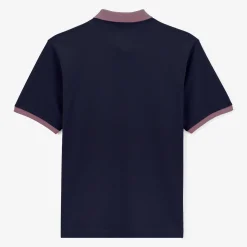 Polos>SERGE BLANCO Short-sleeved pique polo shirt in navy blue cotton with purple collar ARMY