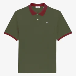 Polos>SERGE BLANCO Short-sleeved pique polo shirt in army green cotton with merlot collar NUAGE