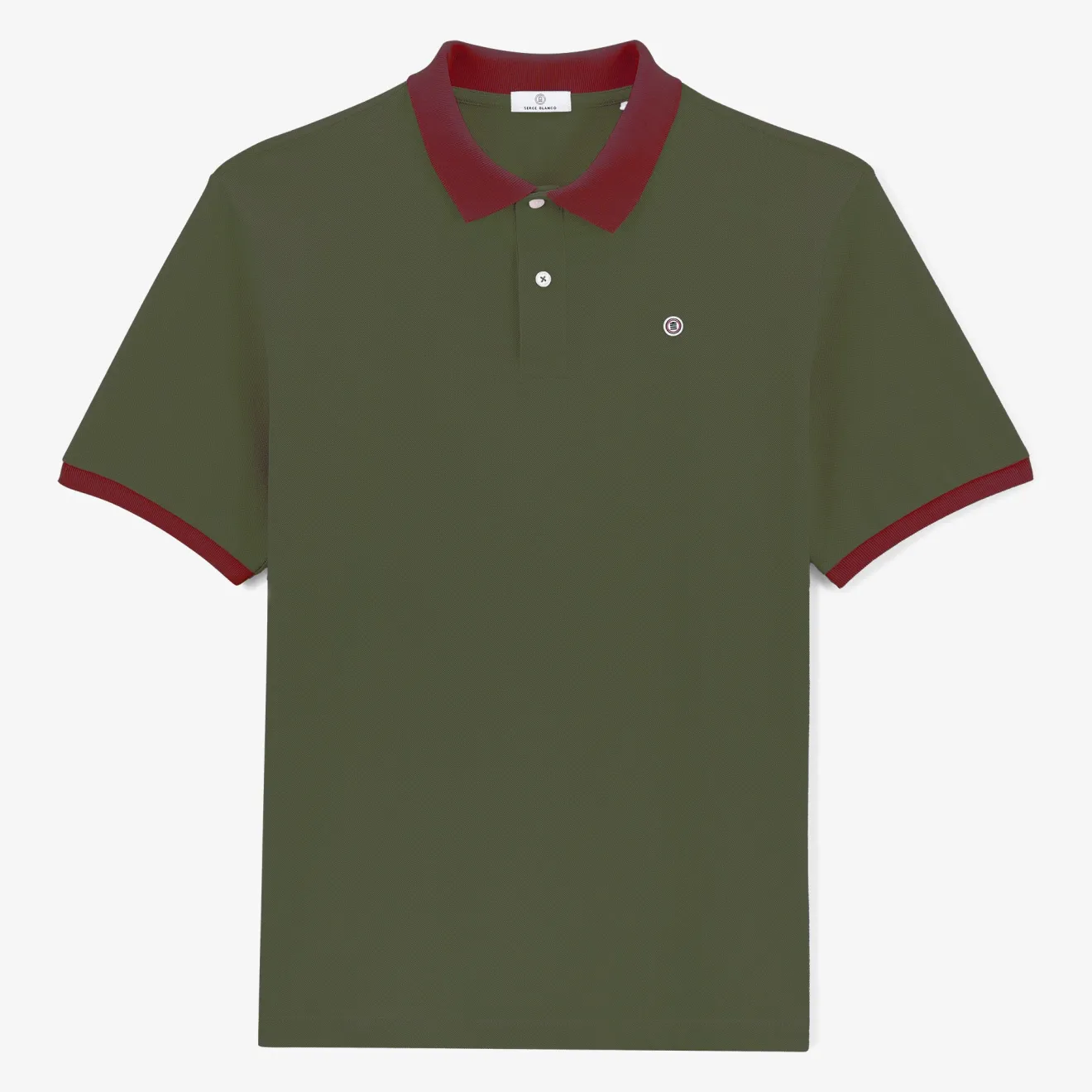 Polos>SERGE BLANCO Short-sleeved pique polo shirt in army green cotton with merlot collar NUAGE