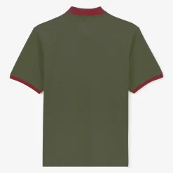 Polos>SERGE BLANCO Short-sleeved pique polo shirt in army green cotton with merlot collar NUAGE