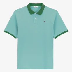 Polos>SERGE BLANCO Short-sleeved pique polo shirt in ice blue cotton with fir green colla dark navy