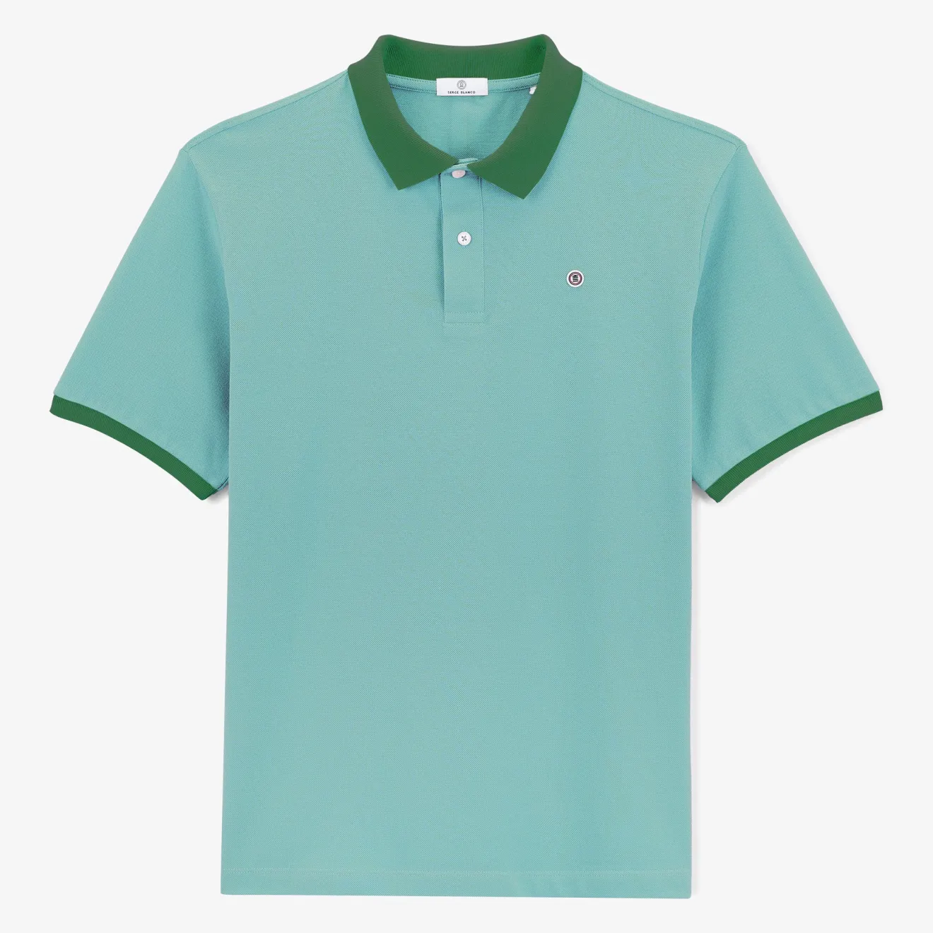 Polos>SERGE BLANCO Short-sleeved pique polo shirt in ice blue cotton with fir green colla dark navy