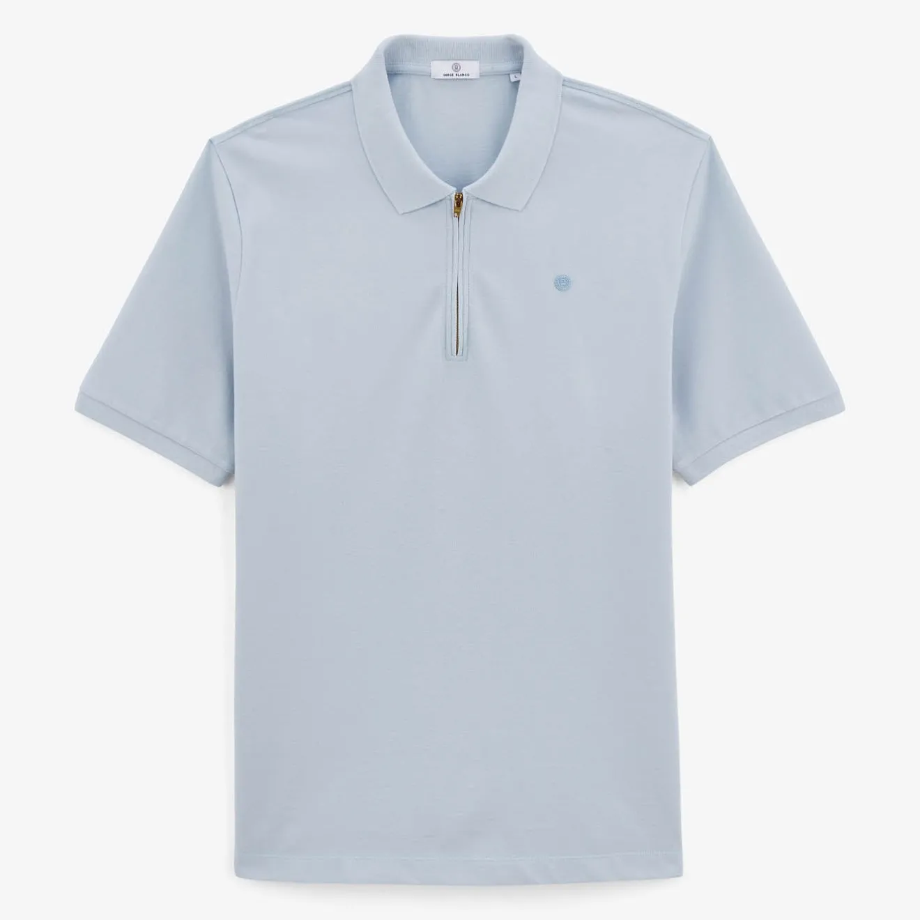 Polos|L'élégant>SERGE BLANCO Sky blue Lino pique short-sleeved polo shirt with zipped collar LATTE