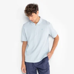 Polos|L'élégant>SERGE BLANCO Sky blue Lino pique short-sleeved polo shirt with zipped collar LATTE