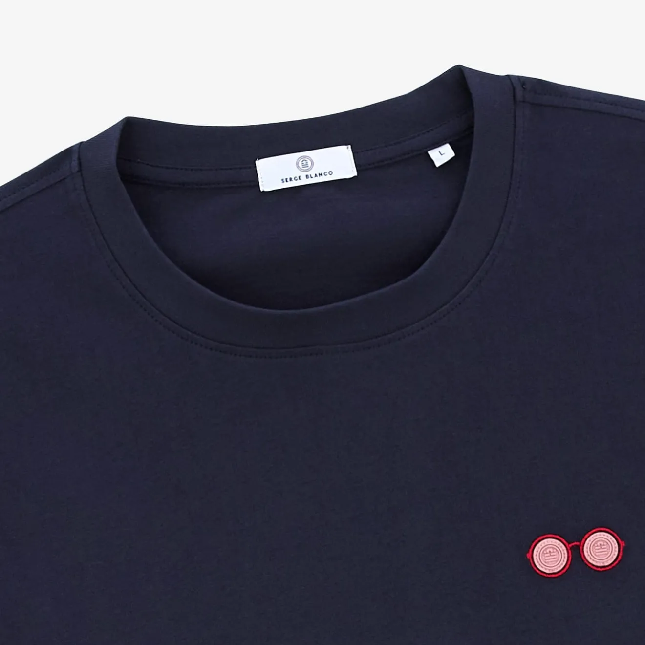 Crazy Logo|T-shirts>SERGE BLANCO Trent T-shirt Embroidery Glasses Navy Blue Men | SKIN